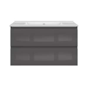 Crawley 36 in. W x 18 in. D x 21 in. H Single Sink Floating Bath Vanity in Gray Gloss with White Porcelain Top