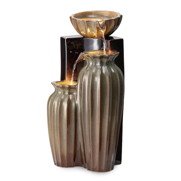 26.75 in. H Outdoor 3-Tiered Olive Green and Brown Glaze Fluted Textured Ceramic Water Floor Fountain with LED Light