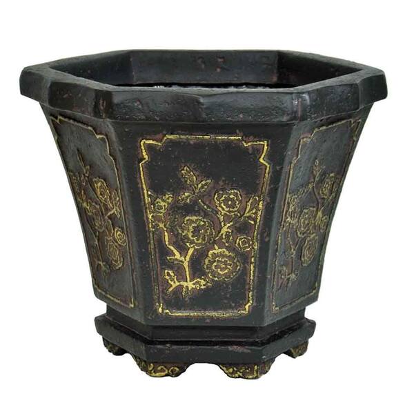 MPG 15 in. x 14 in. Hexagonal Cast Stone Oriental Planter in Aged Charcoal with Gold Tipping Finish