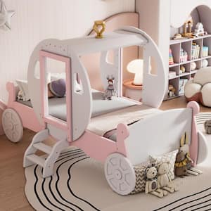 White Twin Princess Carriage Kid Bed with Crown, Wood Platform Car Bed with Stair