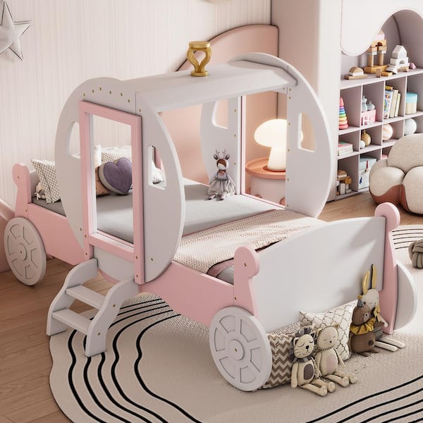 White Twin Princess Carriage Kid Bed with Crown, Wood Platform Car Bed with Stair