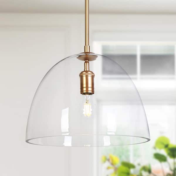 Modern 13.7 in. 1-Light Dark Gold Island Pendant Light with Dome Clear Glass Shade, Foyer, Dining Area Hanging Light