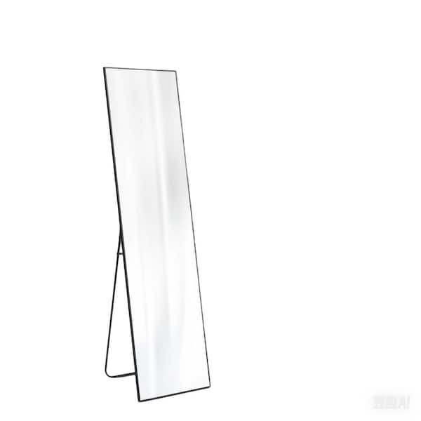 Vynxaria Black-Rect 15 in. W x 60 in. H Rectangular Floor Standing Mirror, Wall Mirror with Stand Aluminum Alloy Thin Frame