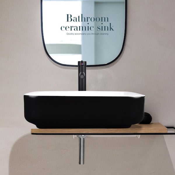Black and White Ceramic Rectangular Vessel Sink in Black Faucet