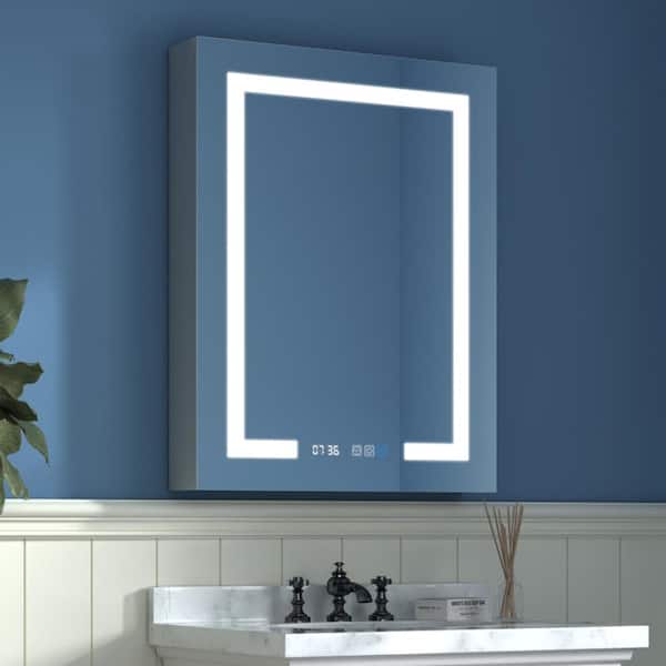 JimsMaison 24 in. W x 32 in. H Rectangular Aluminum Medicine Cabinet with Mirror and Outlet and Light