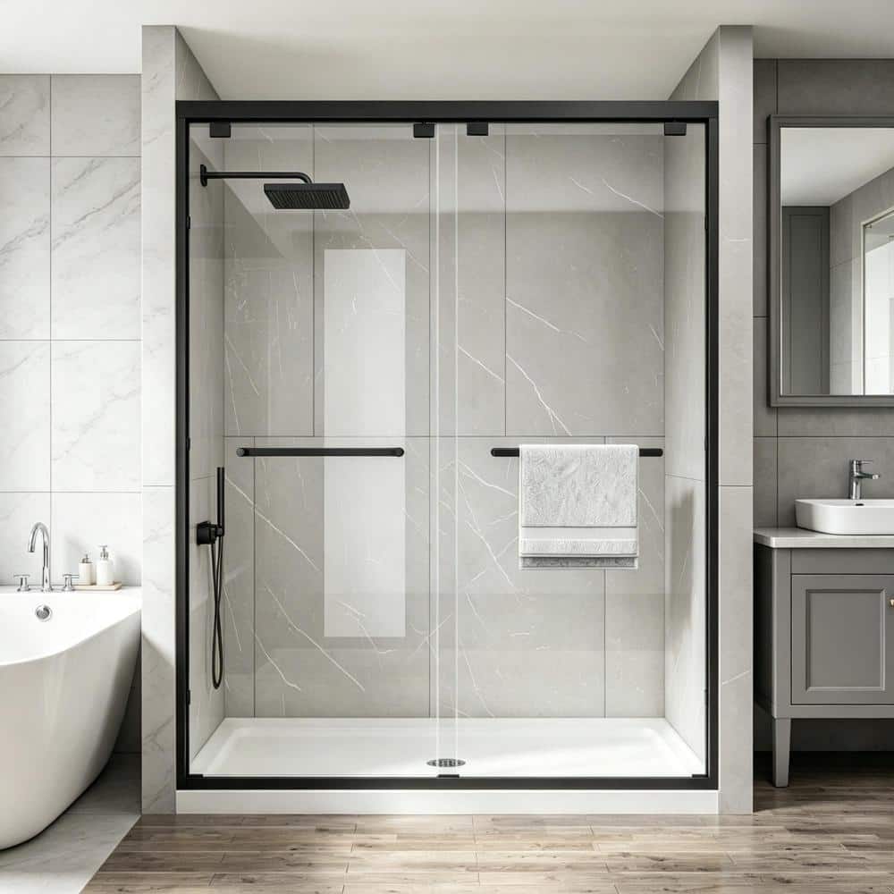 43 to 48 in. W x 76 in. H Framed Double Sliding Shower Door in Matte Black with 1/4 in. Easy-Clean Glass and Towel Bars price history on PriceWatchPro