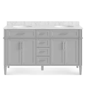 Roosevelt 60 in. W x 21.5 in. D x 35 in. H Double Sink Freestanding Bath Vanity in Gray with White Carrara Marble Top