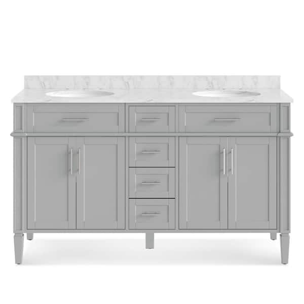 Roosevelt 60 in. W x 21.5 in. D x 35 in. H Double Sink Freestanding Bath Vanity in Gray with White Carrara Marble Top
