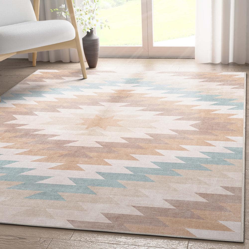 Beige and Blue Southwestern Chenille Rectangular Area Rug 5'3" x 7'3"