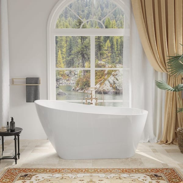 55 in. x 30.75 in. Acrylic Oval Slipper Flatbottom Freestanding Soaking Bathtub with Chrome Overflow in Glossy White