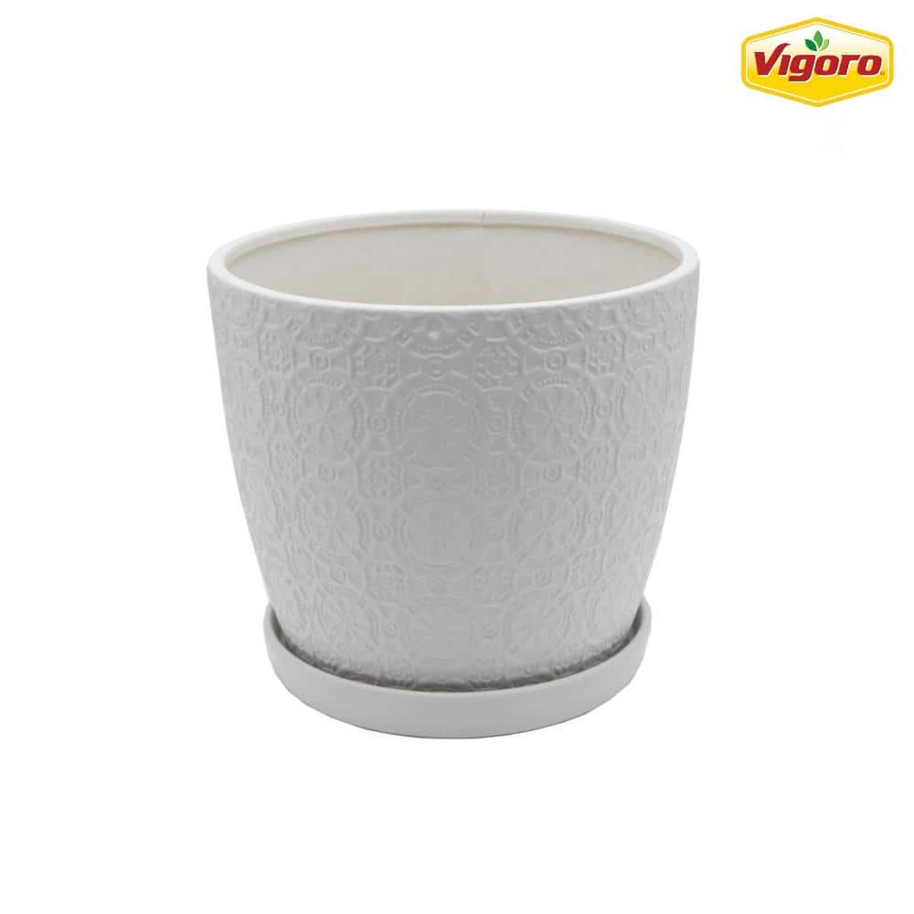 Vigoro 10 in. - Ceramic Textured Depot Saucer Home in. White The D Chrysanthemum CT1499-MTWH Pot x H) Attached with 9.3 in. (10 Medium