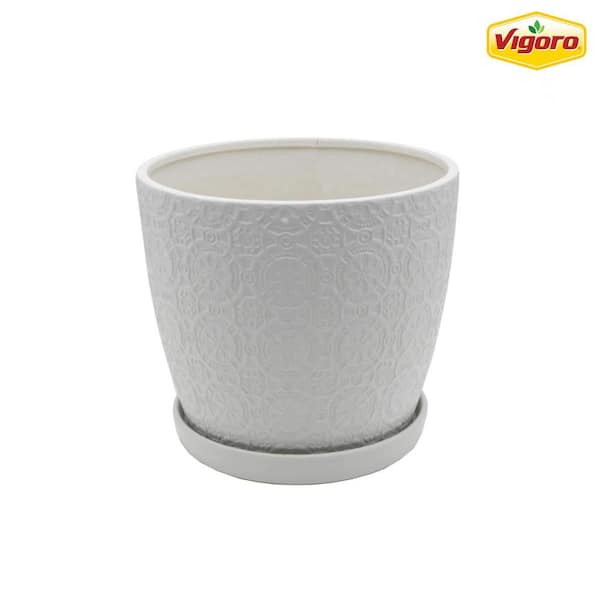Vigoro 10 in. Chrysanthemum Medium White Textured Ceramic Pot (10 in. D x 9.3 in. H) with Attached Saucer