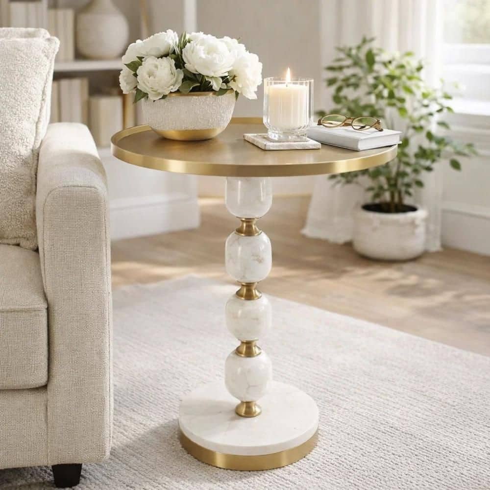 Siny 16.1 in. Gold and White Round Marble End Table with Pedestal Base