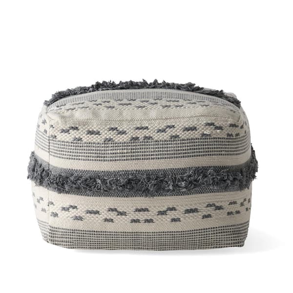 Noble House Kipling Ivory and Grey Square Pouf Ottoman
