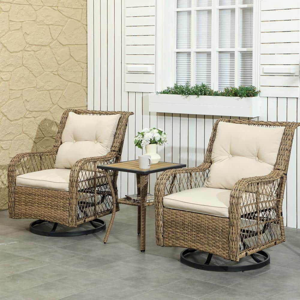 3 Piece Wicker Outdoor Bistro Set, Rocking Patio Furniture Set with Beige C