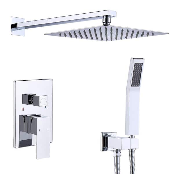 Flynama 12 in. Rainfall Shower Head and handheld shower faucet with Brass Valve Rough-In in Chrome