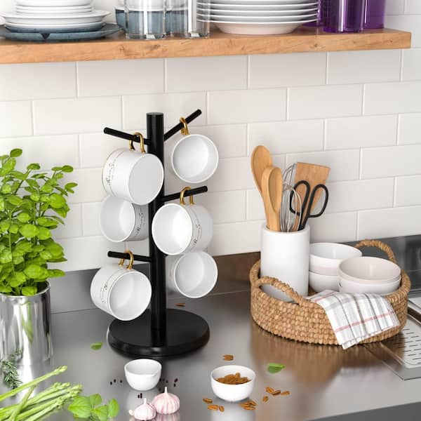 Bamboo Mug Tree and Cup Stand with Thick Base and 6 Hooks for Countertop Cup Rack Organizer Stand, Black (1-Pack)