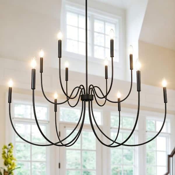 47.2 in. 12-Light Matte Black Large Island Candlestick Chandelier 2-Tier Hanging Light for Living Room Dining Room Foyer