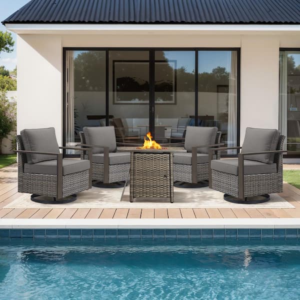 FanKan Gray 5-Piece Wicker Outdoor Glider Chair Patio Deep Seating with Rectangular Fire Table and Gray Cushions