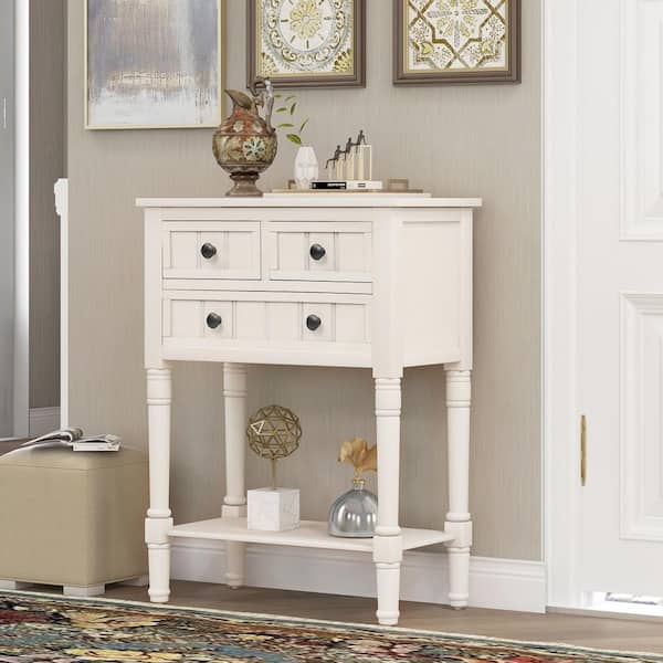 Narrow 23 in. Ivory Rectangle Wood Console Table with Bottom Shelf Sofa Table with Drawers for Entryway Hallway