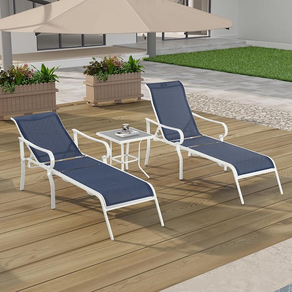 BTMWAY 3-Piece Classic Metal Outdoor Chaise Lounge Set with Table, 5-Adjustable Backrest Patio Lounge Recliner Chair, Blue