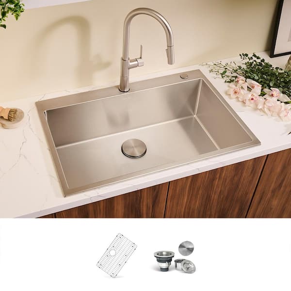 Tirana Pro 33 in. Drop-in Topmount Single Bowl 16-Gauge Stainless Steel Kitchen Sink with Rounded Corners