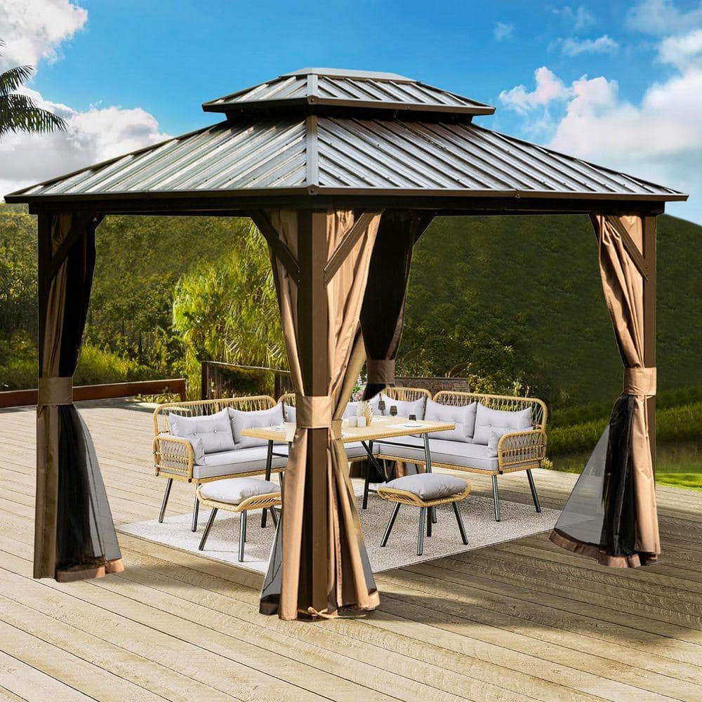 Brown 8 ft. x 10 ft. Patio Hardtop Gazebo with Galvanized Steel
