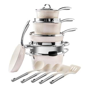 Hammered Cream 15-Piece Aluminum Ultra-Ceramic Coating Nonstick Cookware Set with Utensils