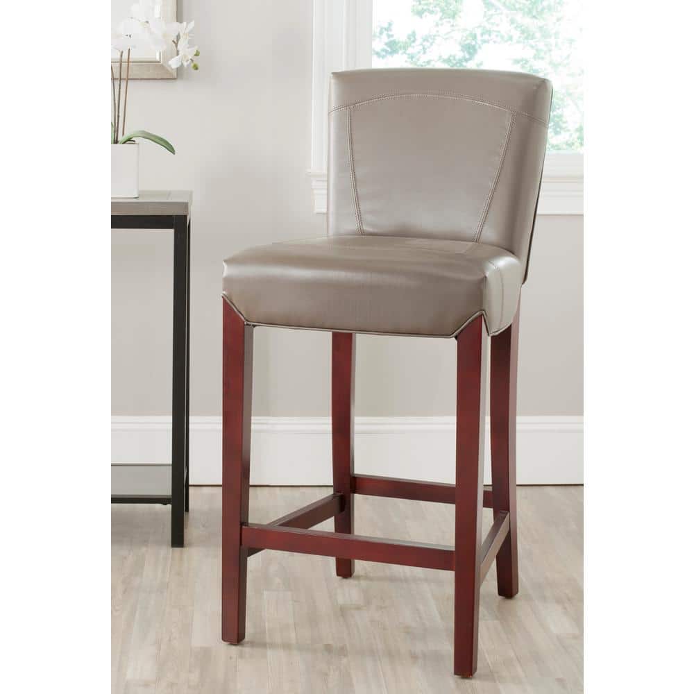 Clay Gray Leather and Wood Transitional Bar Stool