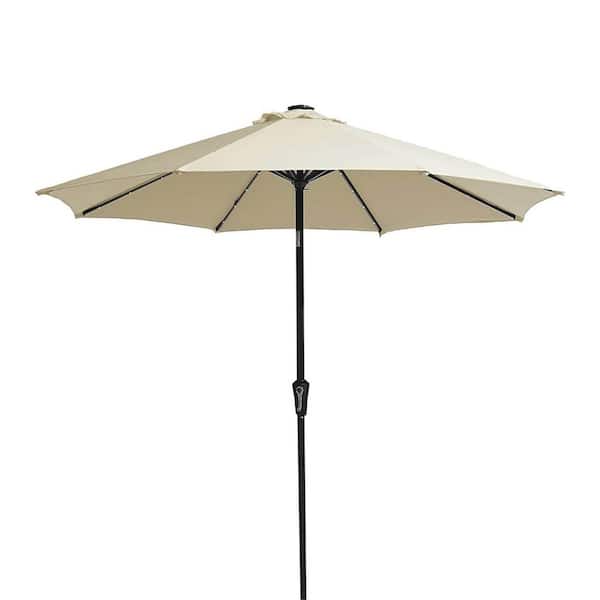 Kahomvis 10 ft. Outdoor Anti-rust Powder Coated Iron Market Push Button Tilt Patio Umbrella with 32 Solar LED Lights in Cream