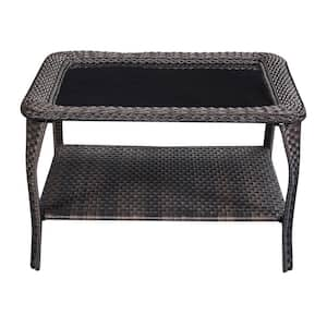 Brown Square Wicker Outdoor Coffee Table with Black Tempered Glass Top and Storage Space