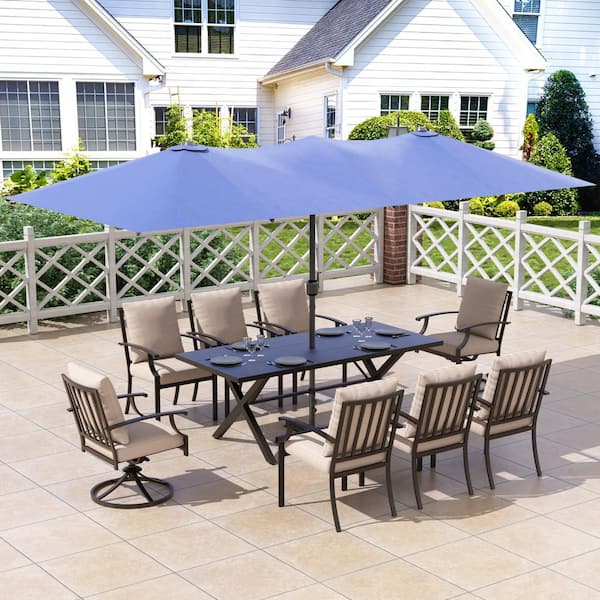 Halmuz 10-Piece Metal Patio Outdoor Dining Set with Swivel Chairs, Rectangular Table, Double-Sided Umbrella and Sand Cushion