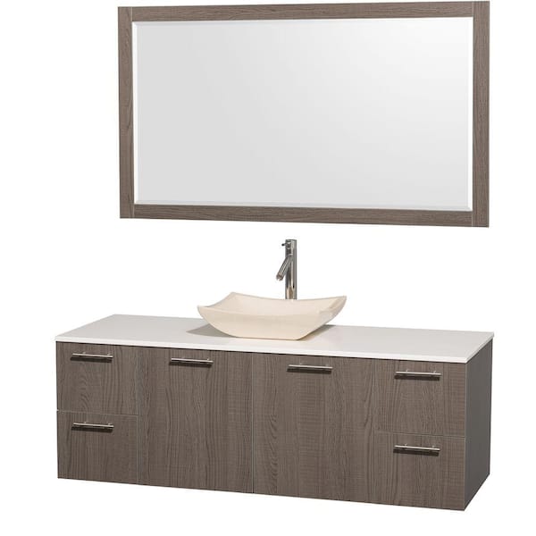 Wyndham Collection Amare 60 in. Vanity in Grey Oak with Man-Made Stone Vanity Top in White and Ivory Marble Sink