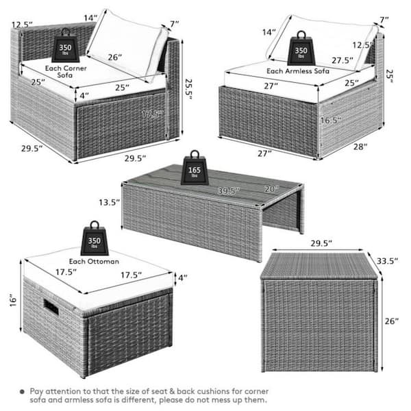 8-Piece Wicker Patio Conversation Set Furniture Set with Off White Cushions and Space-Saving Design