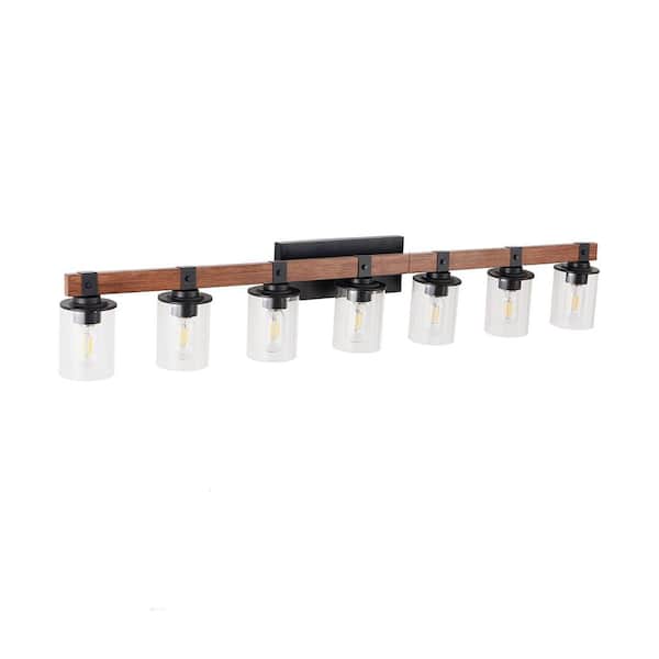 Modern 50 in. 7-Light Black Vanity Light Wall Sconce with Clear Glass Shades