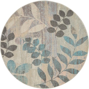 Tranquil Ivory/Light Blue 4 ft. x 4 ft. Botanical Contemporary Round Area Rug