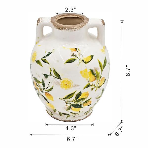 6.7 x 6.7 x 8.7 in. White Amphora Ceramic Vase with Yellow Lemon