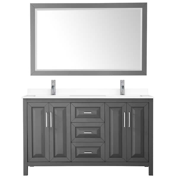 Wyndham Collection Daria 60 in. W x 22 in. D Double Vanity in Dark Gray with Cultured Marble Vanity Top in White with Basins and Mirror