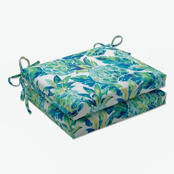 Pillow Perfect Floral 18.5 x 16 Outdoor Dining Chair Cushion in Blue/Green/White (Set of 2)