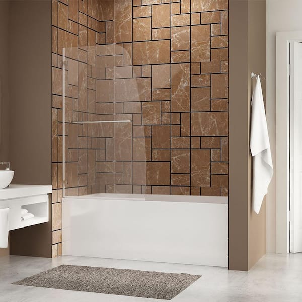TOOLKISS 34 in. W x 58 in. H Pivot Frameless Shower Door/Enclosure in Stainless-Steel with Clear Glass