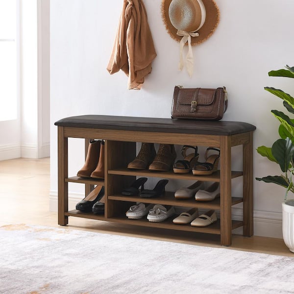39.5 in. Height-Adjustable Shoe Bench w/ Storage-Natural Rubberwood, PU Leather Seat, Brown Grain Finish, Bedroom Bench