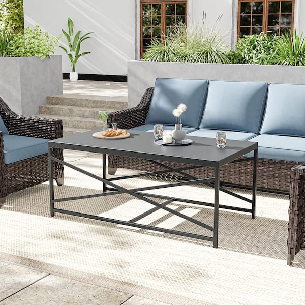 Outdoor Coffee Table Patio Side Table with Steel Black Frame