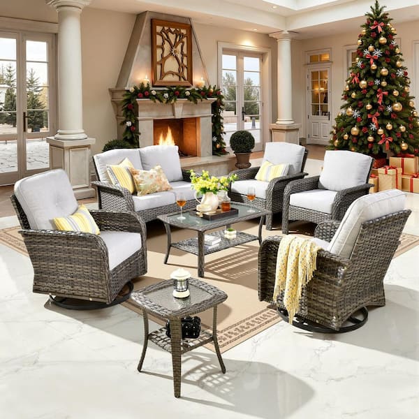 Denali Gray 7-Piece Modern Wicker Patio Conversation Sofa Seating Swivel Rocking Chairs Set with Light Gray Cushions