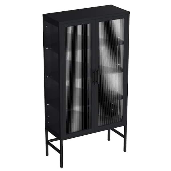Unbranded 2 Glass Doors Pantry Organizer with Adjustable Shelves and Feet Cold Rolled Steel Sideboard in Black