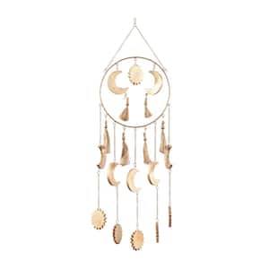 42 in. Gold Mango Wood Sun and Moon Indoor Outdoor Windchime with Tassels