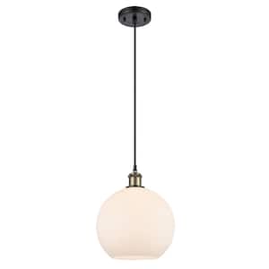 Athens 100-Watt 1-Light Black Antique Brass Shaded Mini Pendant Light with Frosted Glass Shade