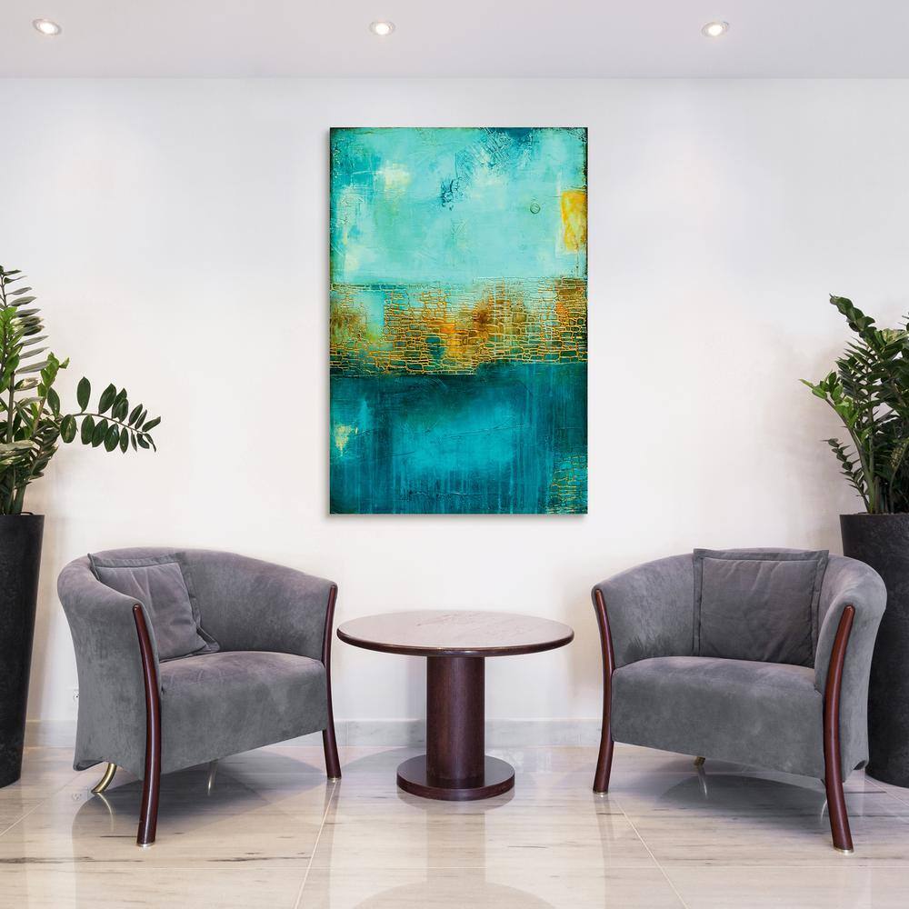 Castle Court Abstract Expressionism Blue and Orange Glass Wall Art, 32" x 48"