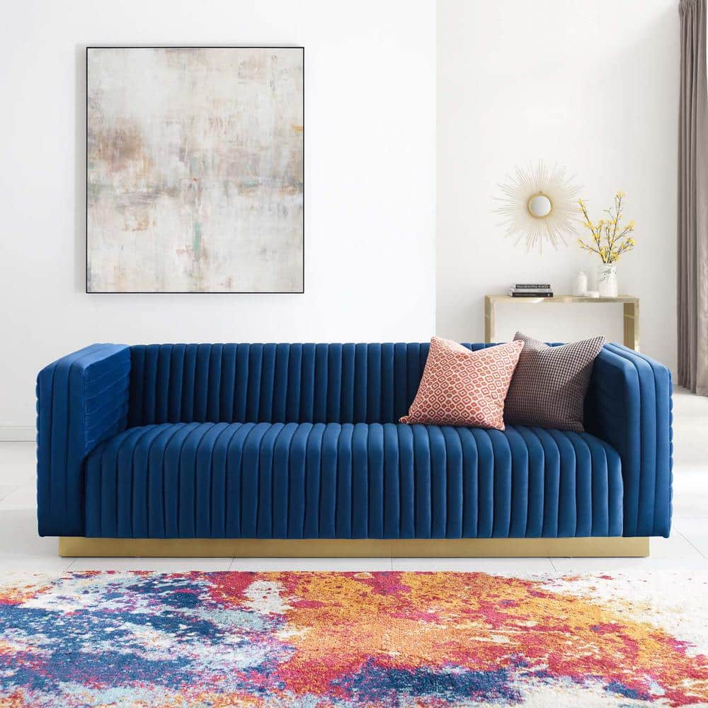 Navy Velvet Tufted Tuxedo Sofa with Gold Stainless Steel Base, 96.5"