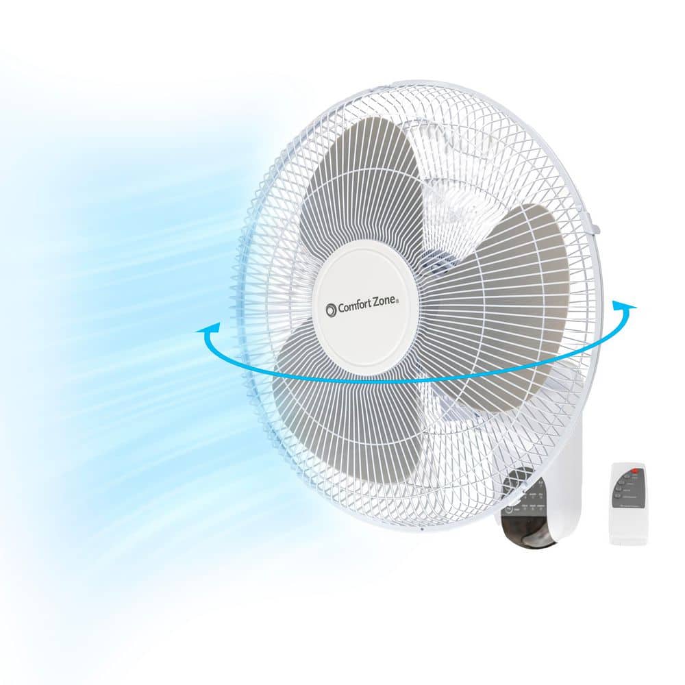 Comfort Zone 16  3-Speed Oscillating Wall Mount Fan with Remote Control  Timer and Adjustable Tilt  White