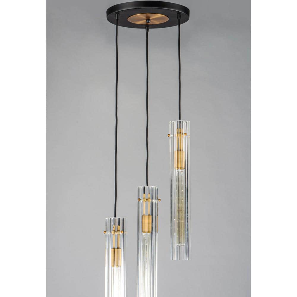 Elegant Flambeau 3-Light Chandelier in Black & Antique Brass with Crackle Glass